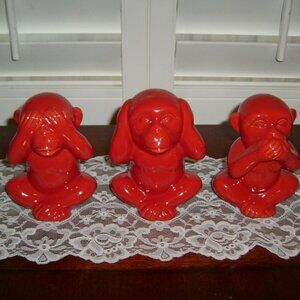 Red Ceramic Monkey Figurines, See, Hear, Speak No Evil Set of 3